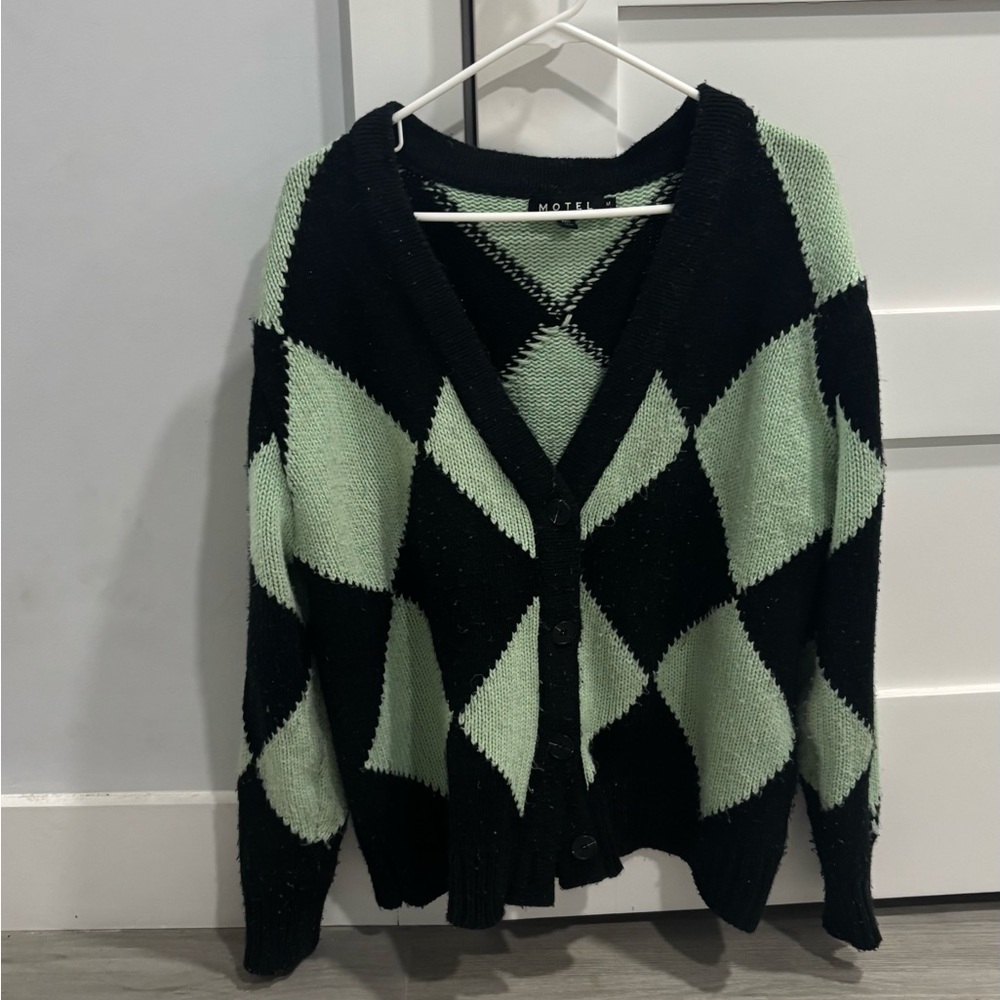 Motel Rocks Black and Green Argyle Cardigan